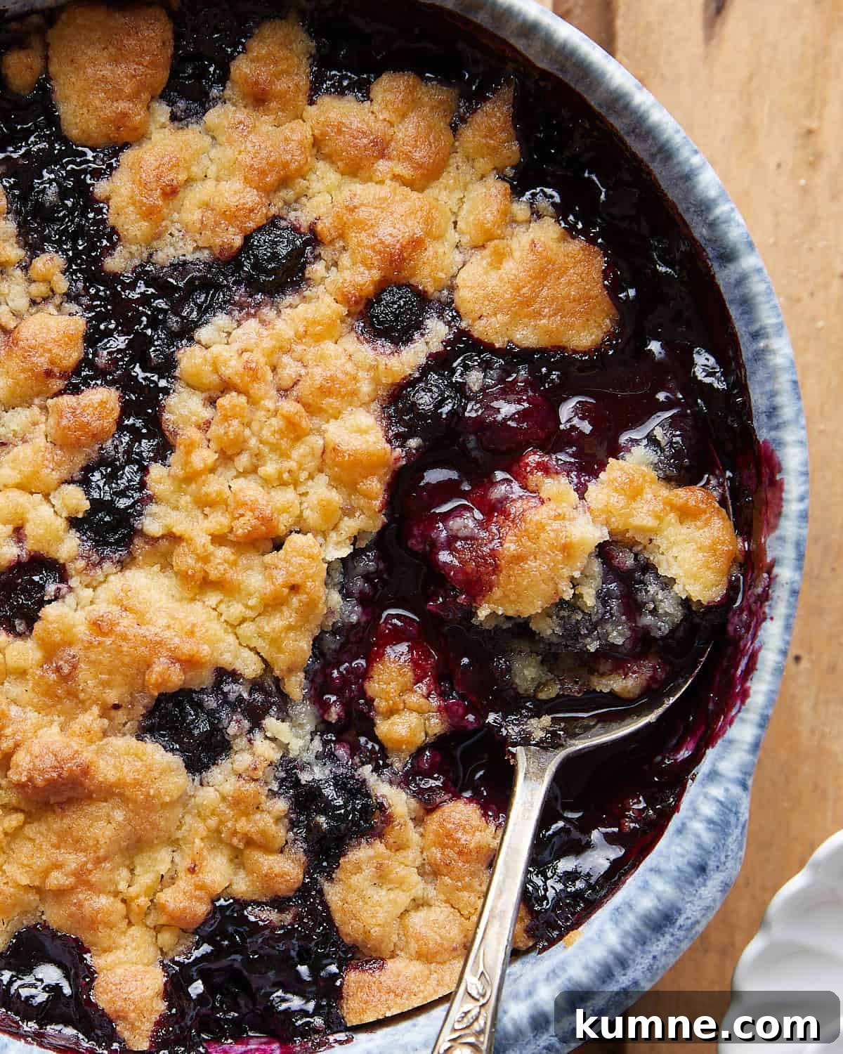 Up close image of air fryer blueberry cobbler.