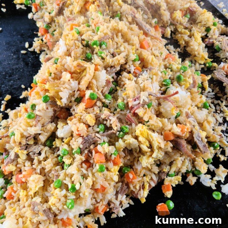 Shredded Pork Fried Rice cooking on blackstone all mixed together