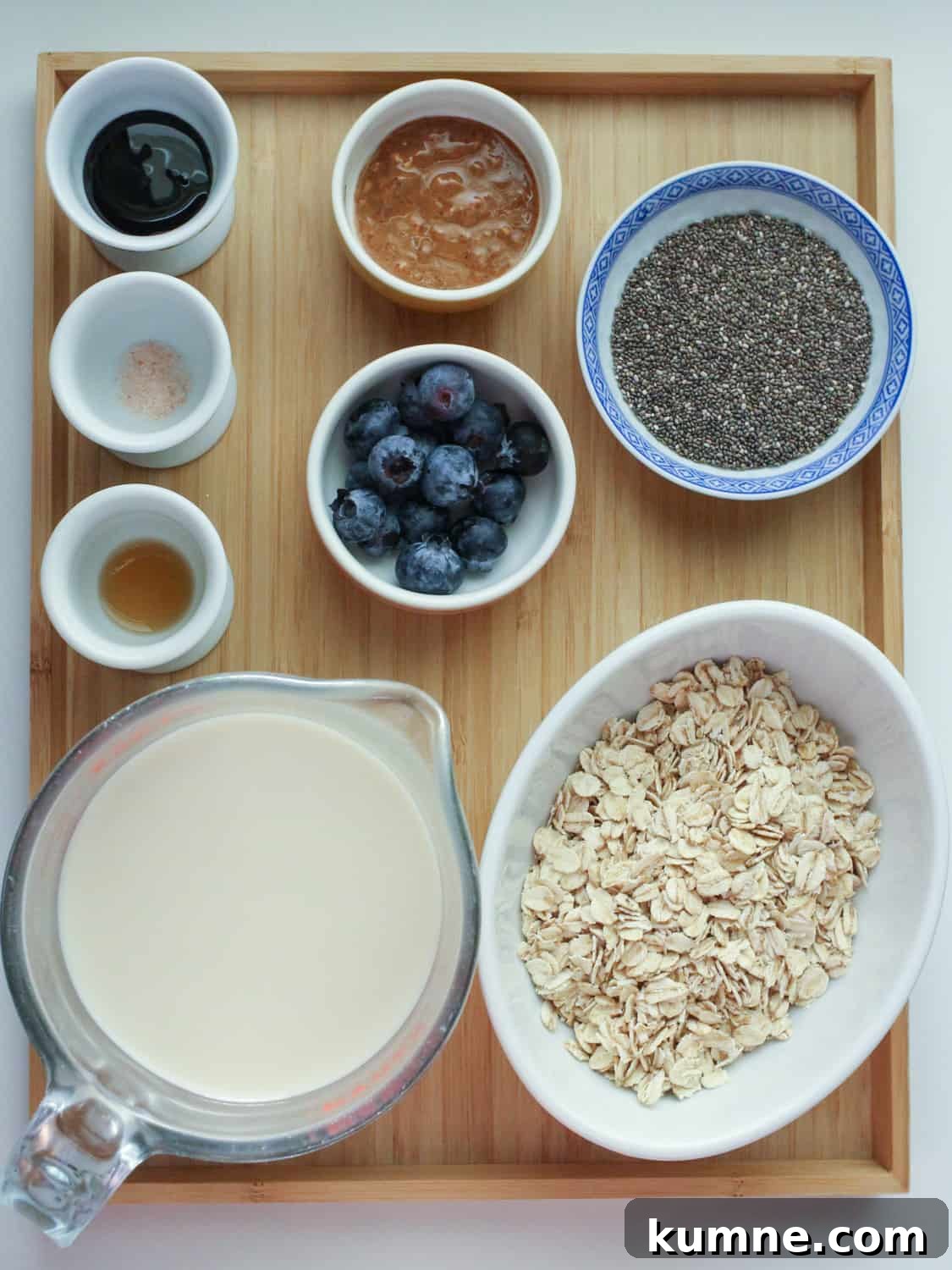 Photo of a tray of ingredients for this vegan oat and chia porridge.