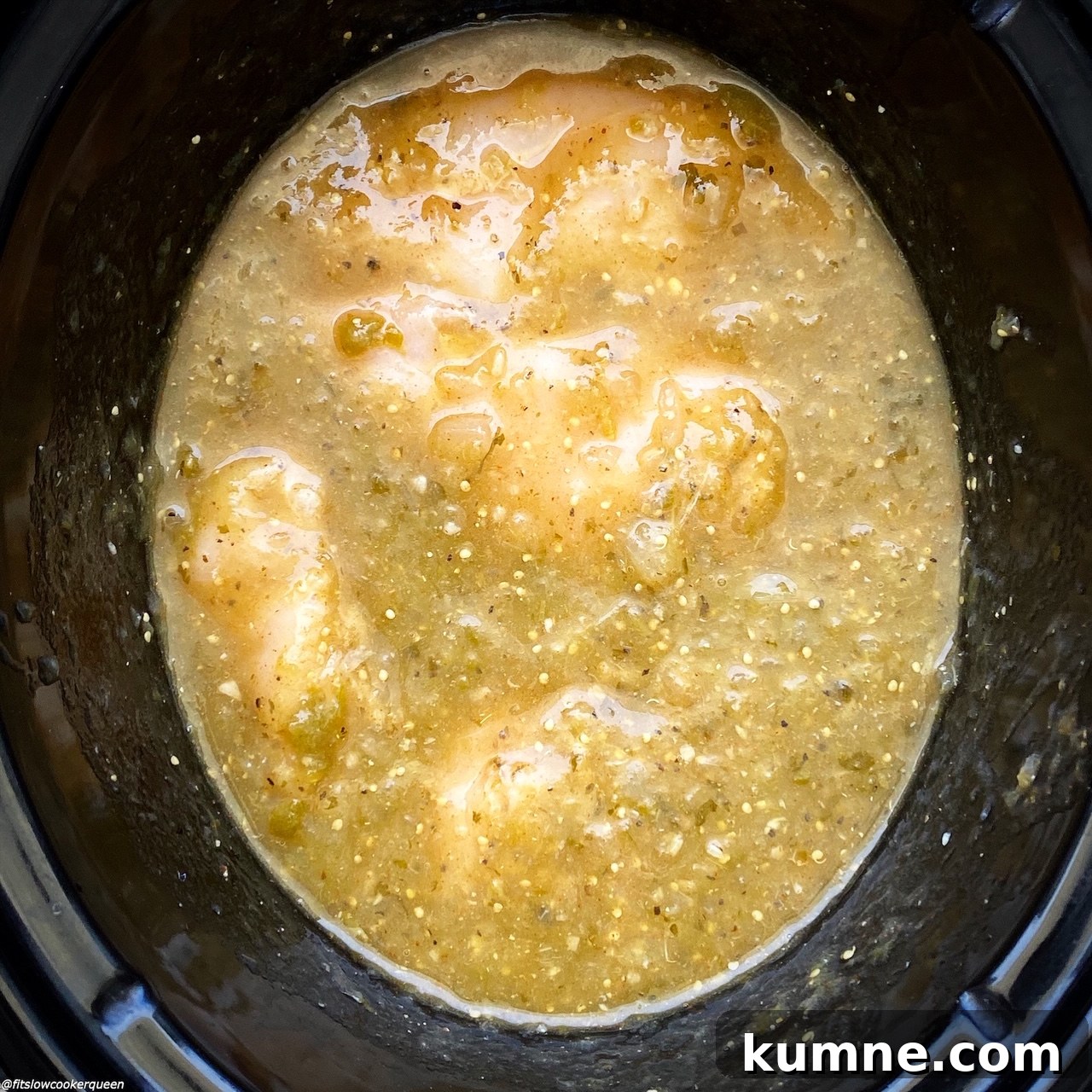 before pic of raw salsa verde chicken in the slow cooker