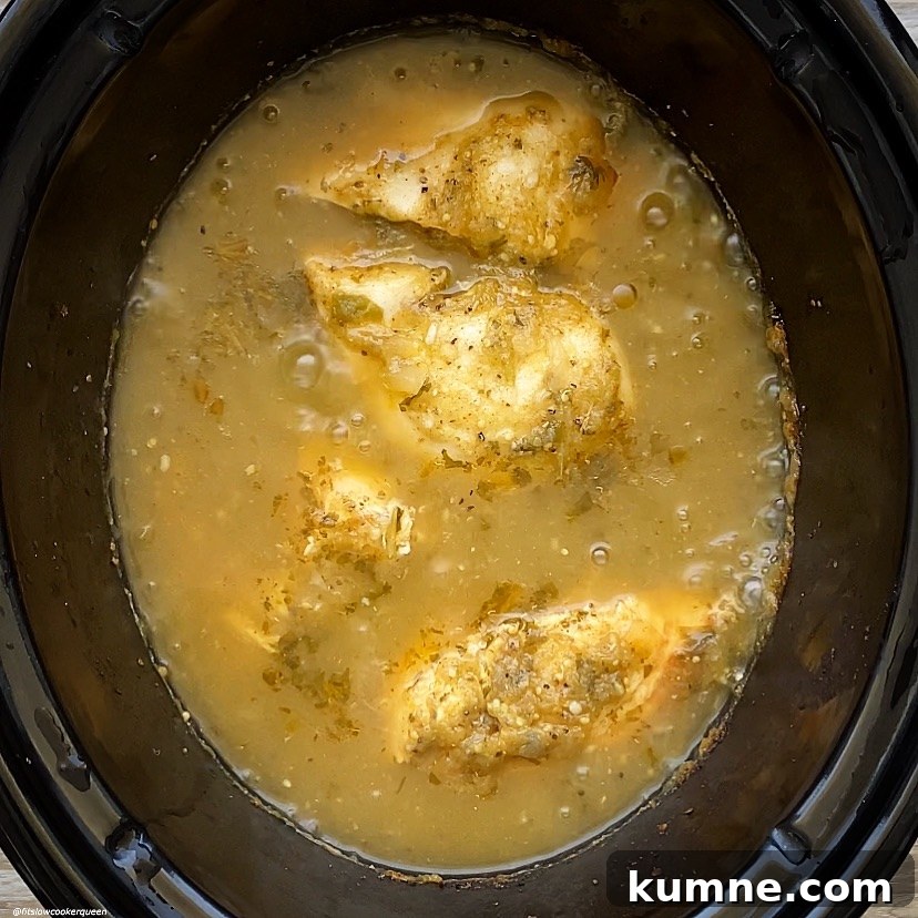 after pic of cooked salsa verde chicken in the slow cooker