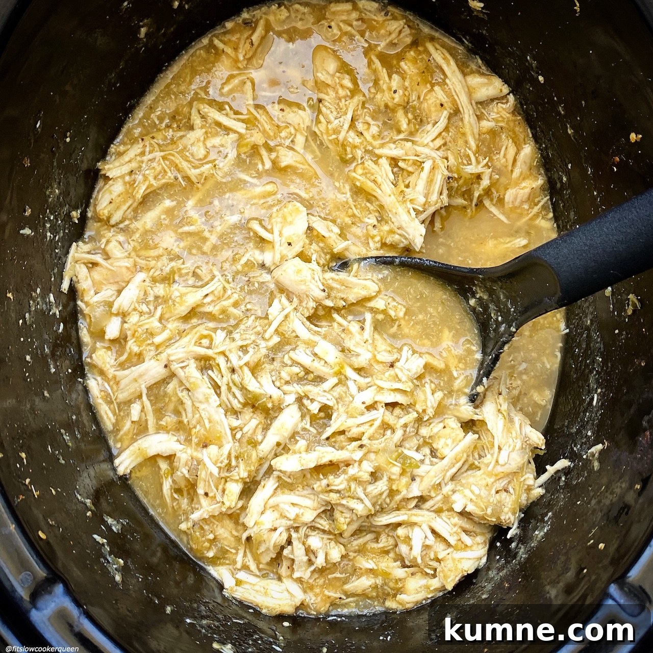shredded salsa verde chicken in the slow cooker