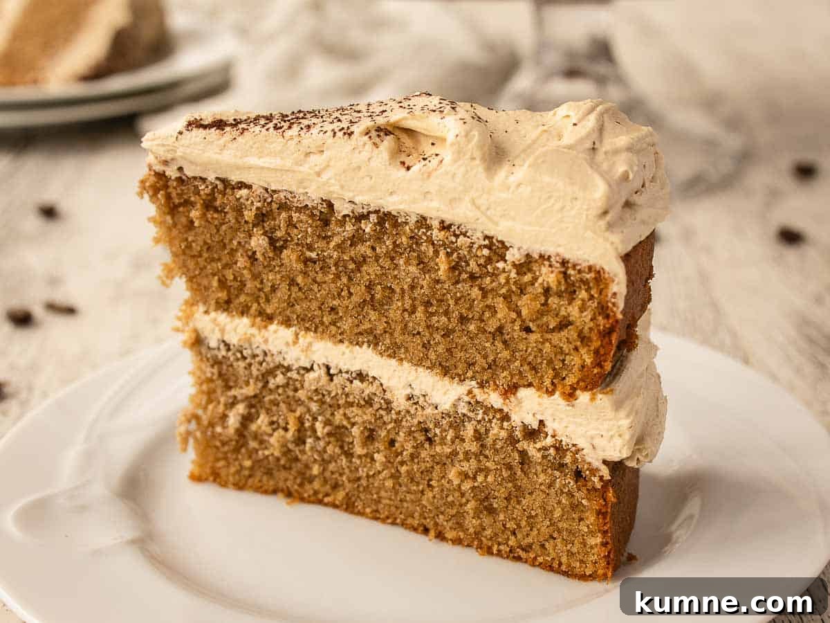 Close up of a wedge of two layer cake filled and topped with buttercream.
