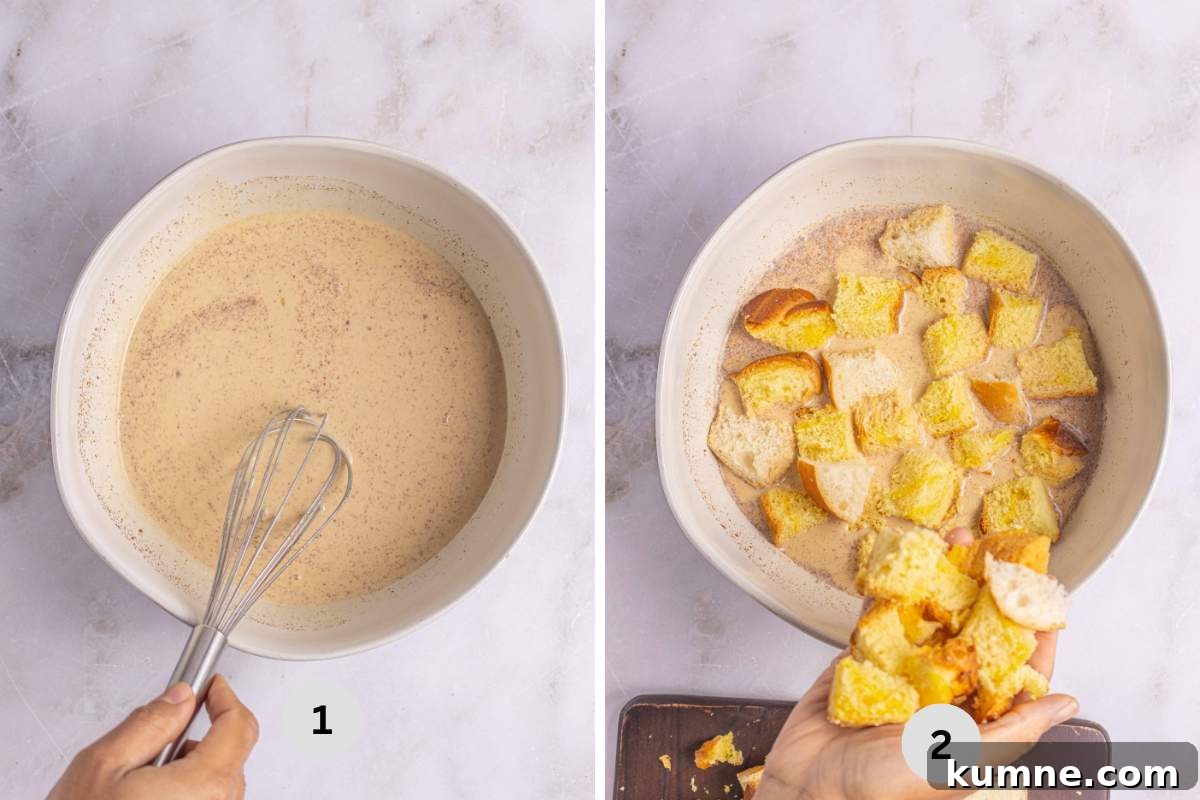 Whisking the egg custard and adding the cubed brioche bread in the bowl.