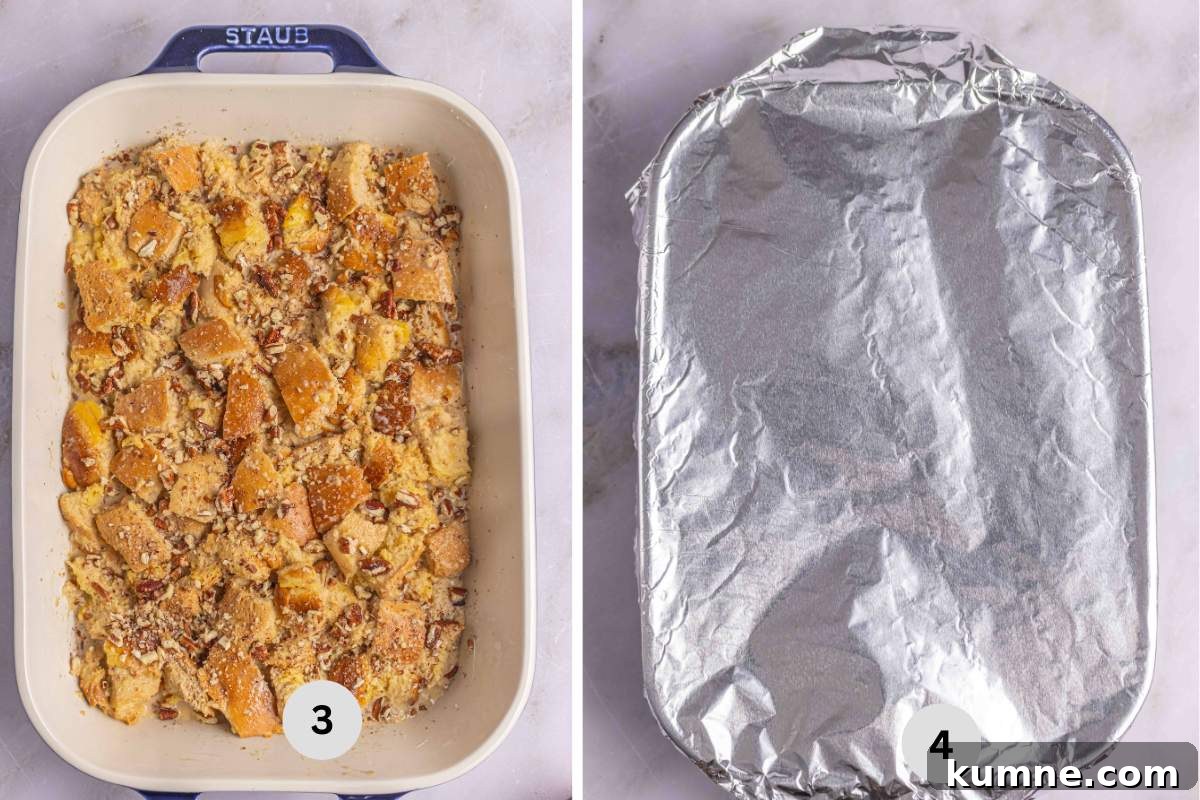 Sprinkle chopped pecans over the bread mixture and covering it to chill in the refrigerator.
