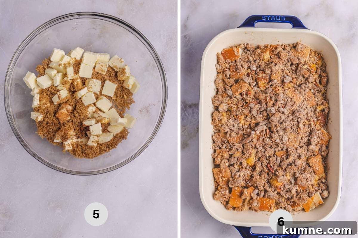 Mixing the ingredients for the streusel topping and sprinkling all over the top of the chilled bread in the casserole dish.