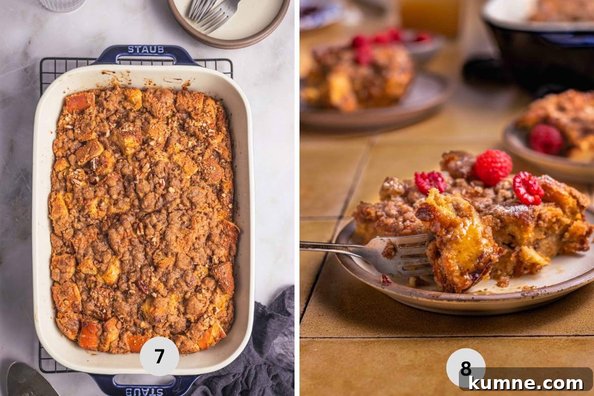 Baked brioche casserole in a 9 x 13 inch pan revealing a golden crust, and a slice served with fruits.