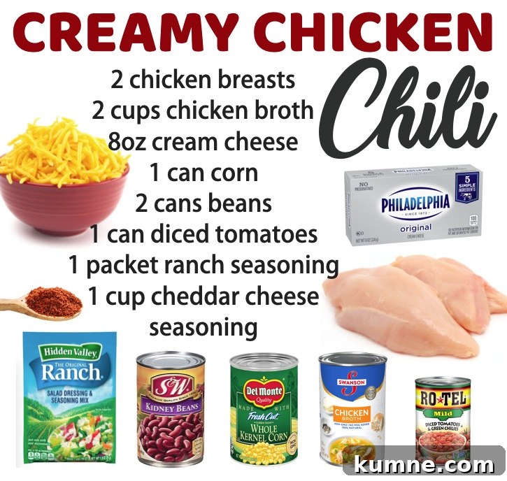 If you're looking for easy slow cooker chicken dinner recipes, you've got to try this creamy white chicken chili! Super cheap and easy to make with simple ingredients including cream cheese, ranch seasoning, and canned food. Even my picky eaters love it!