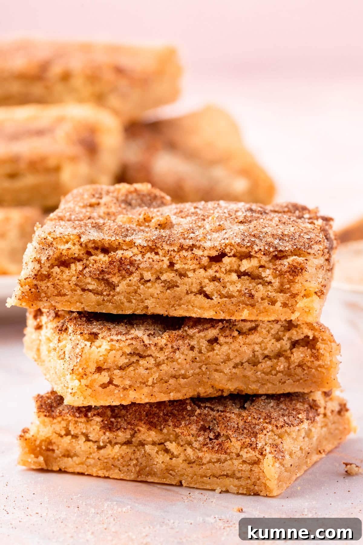 A stack of three gluten-free snickerdoodle bars on a pink table.
