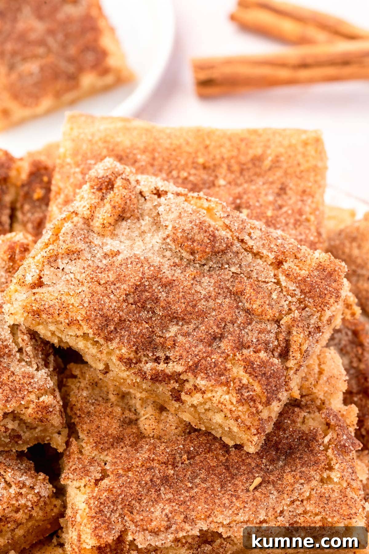 A stack of gluten-free snickerdoodle bars on a plate with cinnamon sticks in the background.