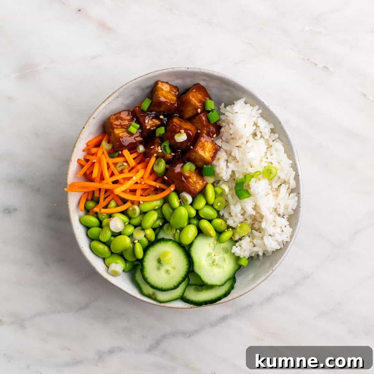 Tofu rice bowl with rice, crispy tofu, and fresh toppings