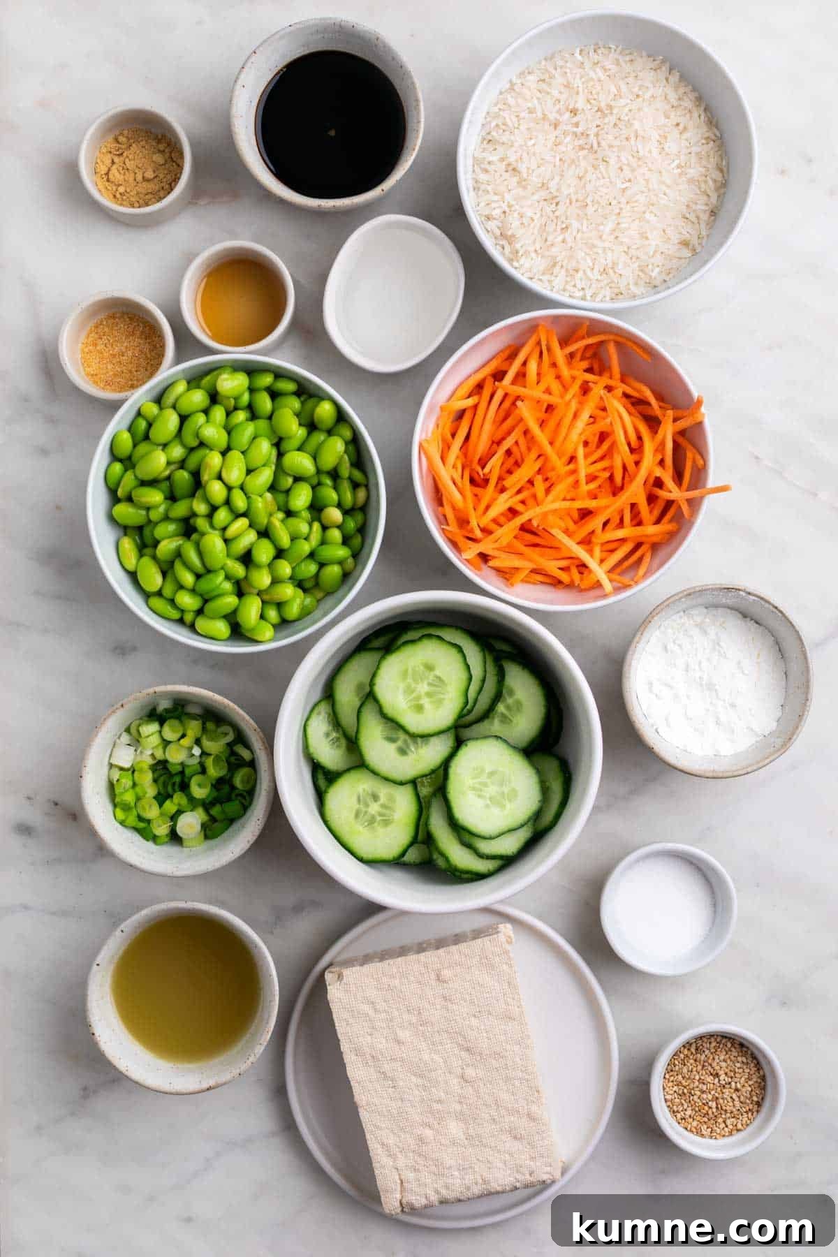 Ingredients to make a tofu rice bowl