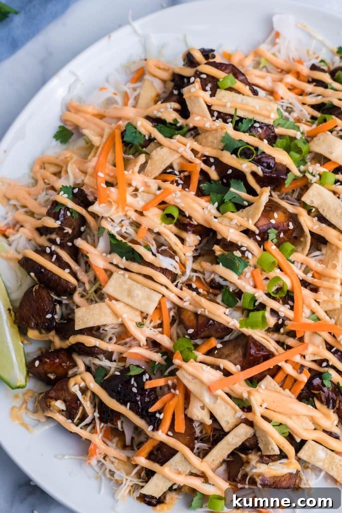 Asian chicken nachos drizzle with sriracha cream sauce on a white plate