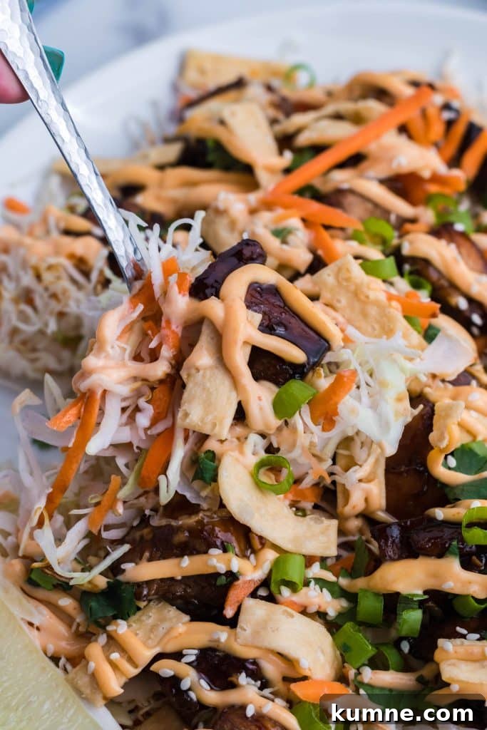 a silver spoon lifting up a serving of Asian chicken nachos