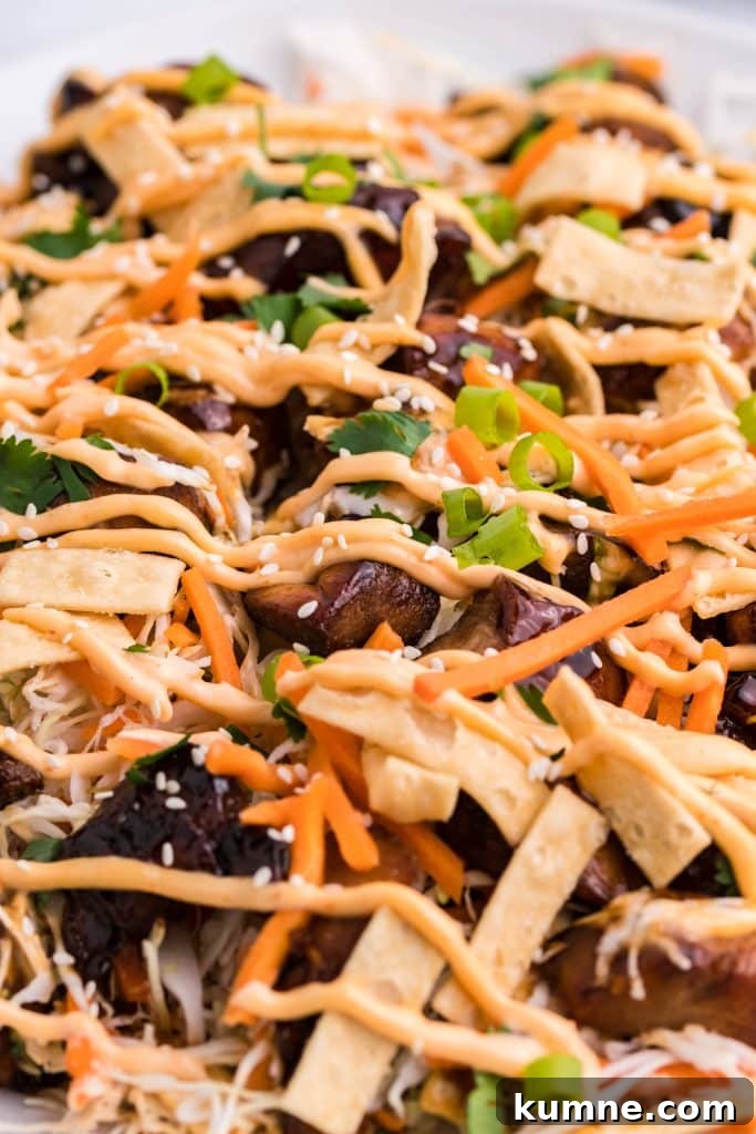 Asian chicken nachos shown drizzled with a sriracha cream sauce